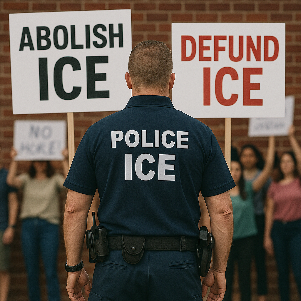 Police / Ice agent with signs saying Abolish Ice and Defund Ice