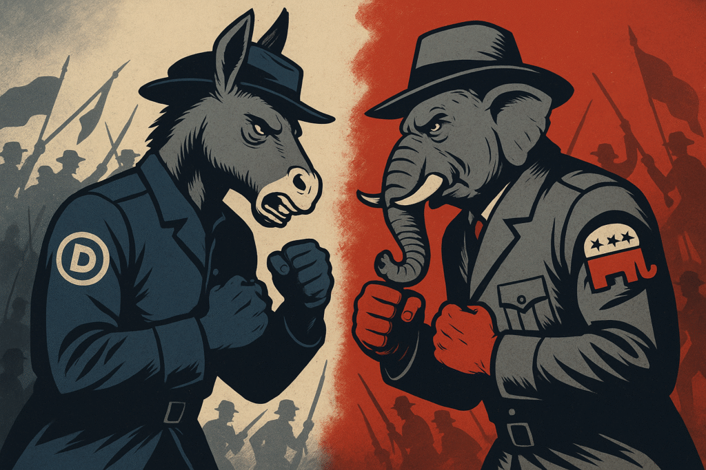 A democratic donkey and an elephant republican in a boxing match.