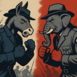 A democratic donkey and an elephant republican in a boxing match.