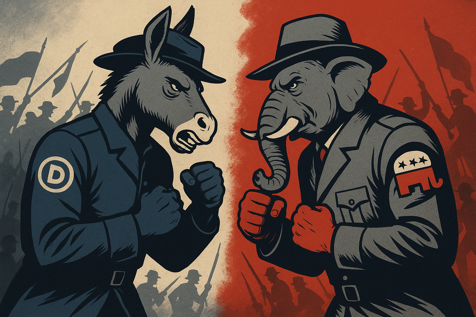 A democratic donkey and an elephant republican in a boxing match.