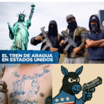 An image of Tren de Aragua, MS13, and the Democratic donkey symbol with a mask and gun.