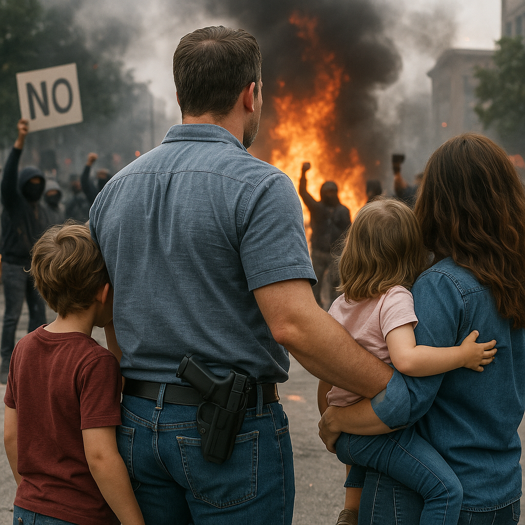 Man with gun in back of pants watching a protest with his family