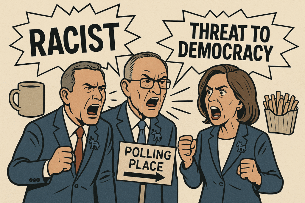 Image of 3 democrats shouting "Racist" and "Threat to Democracy"