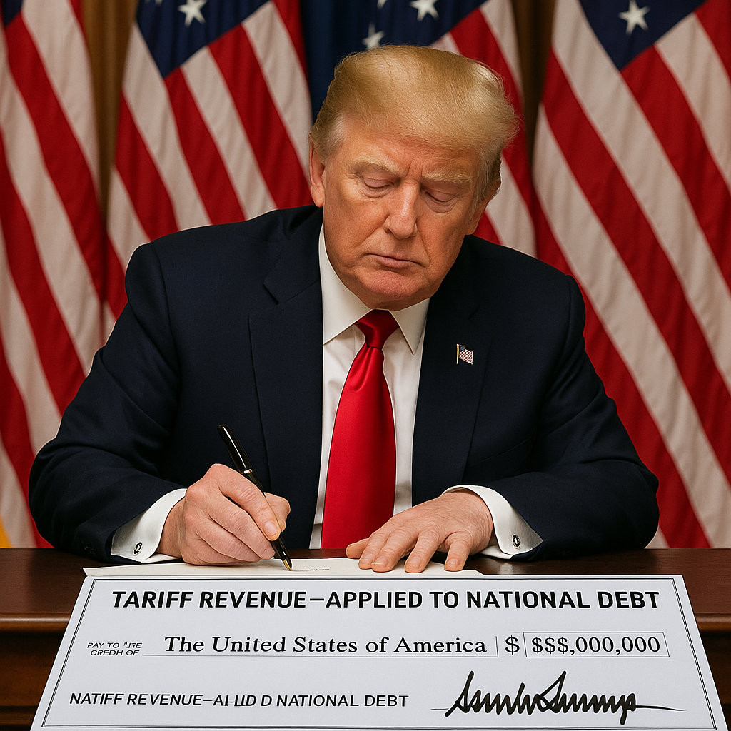 President Trump signing a check to pay down the national debt.