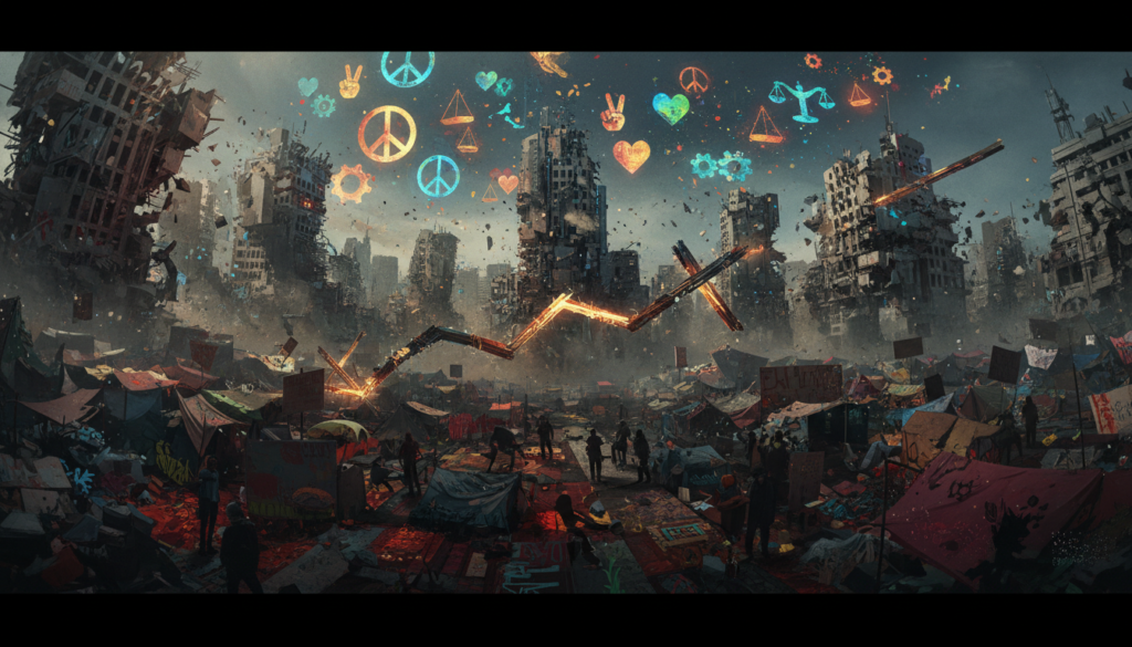 Sarcastic political commentary illustration of progressive policies causing chaos in society